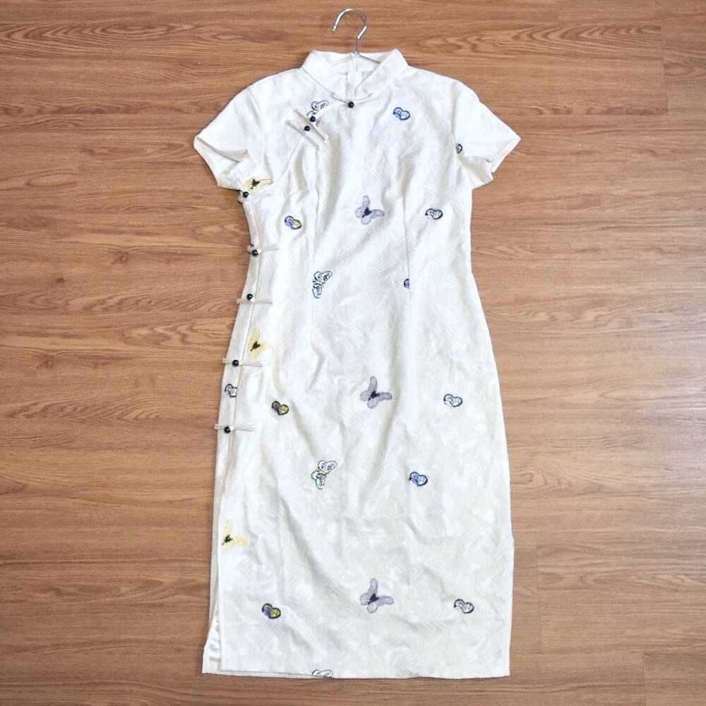 Beige Lace Butterfly Embroidered Qipao Midi Dress - Chinese Traditional Cheongsa